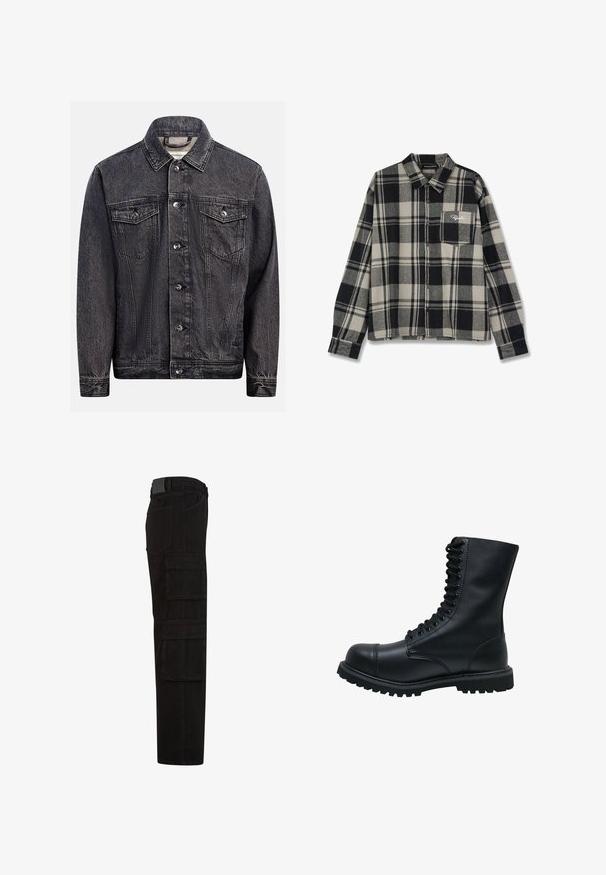 Dunkel gewaschene schwarze Jeansjacke mit Knopfleiste vorne, zwei Brustklappentaschen mit Knöpfen und klassischem Kragen.; Schwarz- und cremefarbener kariierter Flanellhemd mit langen Ärmeln, Knopfleiste, einer einzelnen Brusttasche und dezentem Logo-Stickerei auf der Tasche.; Schwarze Cargohose mit mehreren großen Überschlagtaschen, Gürtelschlaufen und geradem Beinanschnitt, seitlich dargestellt.; Schwarze Leder Schnürstiefel mit runder Zehenkappe, hohem Schaft, dicker Gummisohle und texturierter Oberfläche. Enthält verstärkte Nähte entlang der Nähte.