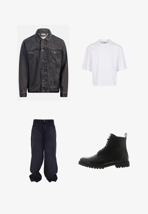 Mørkt, vasket sort denimjakke med knapper foran, to brystlommer med knapklapper og klassisk krave.; Hvid t-shirt med korte ærmer, der har en rund halsudskæring og en afslappet pasform, lavet af et glat bomuldsblandingsstof. Ingen mønstre eller udsmykninger.; Sorte oversized løstsiddende jeans med knap- og lynlåsfrontlukning, forlommer og løse, brede ben.; Sort læder ankelstøvle med rund tå, snørebåndsfront, robust sål og en løkke på bagsiden til nem påtagning.