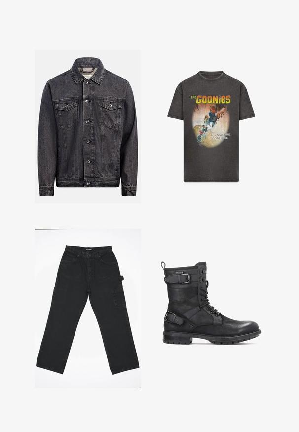 Veste en denim noir foncé délavé avec boutonnage devant, deux poches poitrine à rabat avec boutons et col classique.; T-shirt noir style vintage avec le texte "The Goonies" et une illustration d'enfants grimpant à une corde dans une grotte, légendé "C'est notre moment ici en bas."; Pantalons en denim noir avec un design à jambe droite, présentant une fermeture à bouton à l'avant, des poches arrière et une poche cargo latérale.; Kazar HEARD - Bottines de cowboy / motard - black