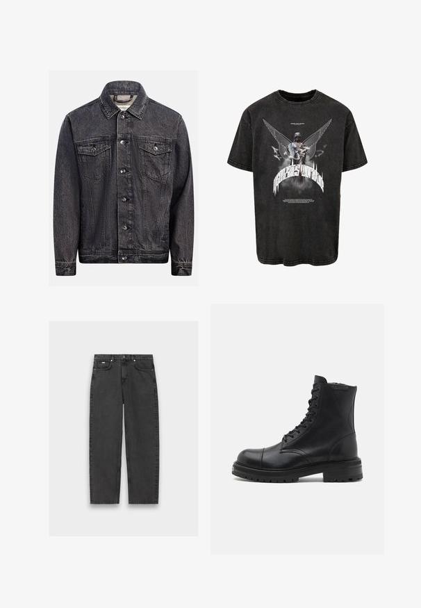 Veste en denim noir foncé délavé avec boutonnage devant, deux poches poitrine à rabat avec boutons et col classique.; T-shirt noir surdimensionné en denim, arborant un graphisme d'une statue avec des ailes et du texte, et une texture légèrement usée.; Jeans noirs à jambe droite avec cinq poches, fermeture à bouton et coutures visibles, posés à plat sur un fond neutre.; AllSaints HANK - Bottines à lacets - black