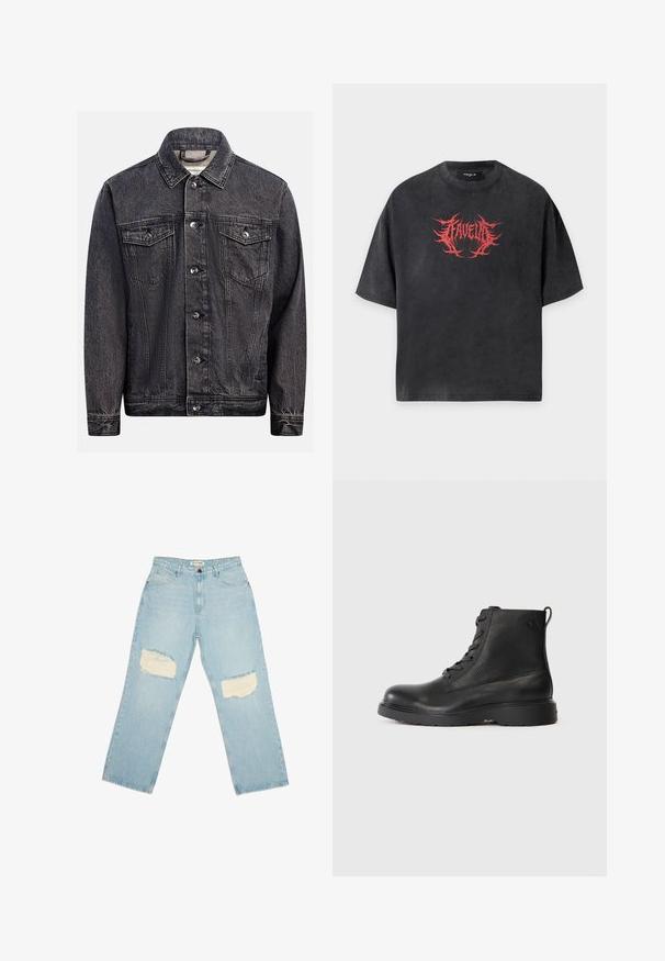 Mørkt, vasket sort denimjakke med knapper foran, to brystlommer med knapklapper og klassisk krave.; Sort oversized T-shirt med korte ærmer og rødt pigget tekstdesign centreret på brystet, der lyder "FAVELA".; Lyseblå denim jeans med høj talje, lige ben og slidte lapper på begge lår.; Sort ankelstøvle lavet af struktureret læder med rund tå, snørelukning og en robust sort gummisål. Har en løkke ved hælen.