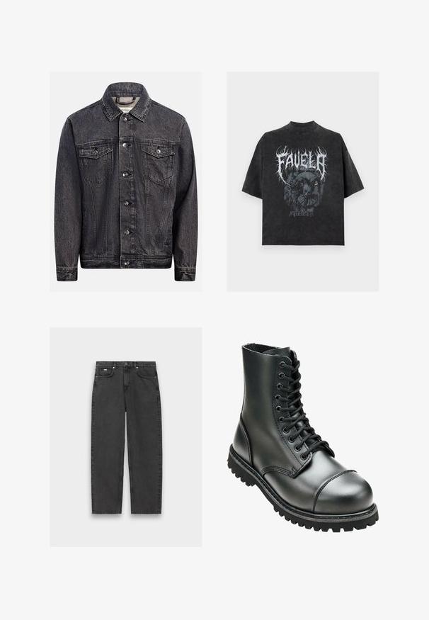 Veste en denim noir foncé délavé avec boutonnage devant, deux poches poitrine à rabat avec boutons et col classique.; T-shirt noir oversize avec texte blanc en zigzag « FAVELA » et graphique sombre de deux clowns au centre, texte « SADELA » en dessous.; Jeans noirs à jambe droite avec cinq poches, fermeture à bouton et coutures visibles, posés à plat sur un fond neutre.; Botte de combat en cuir noir avec une tige haute, bout rond, laçage sur le devant et semelle en caoutchouc robuste avec un profil de crantage profond pour une meilleure adhérence.