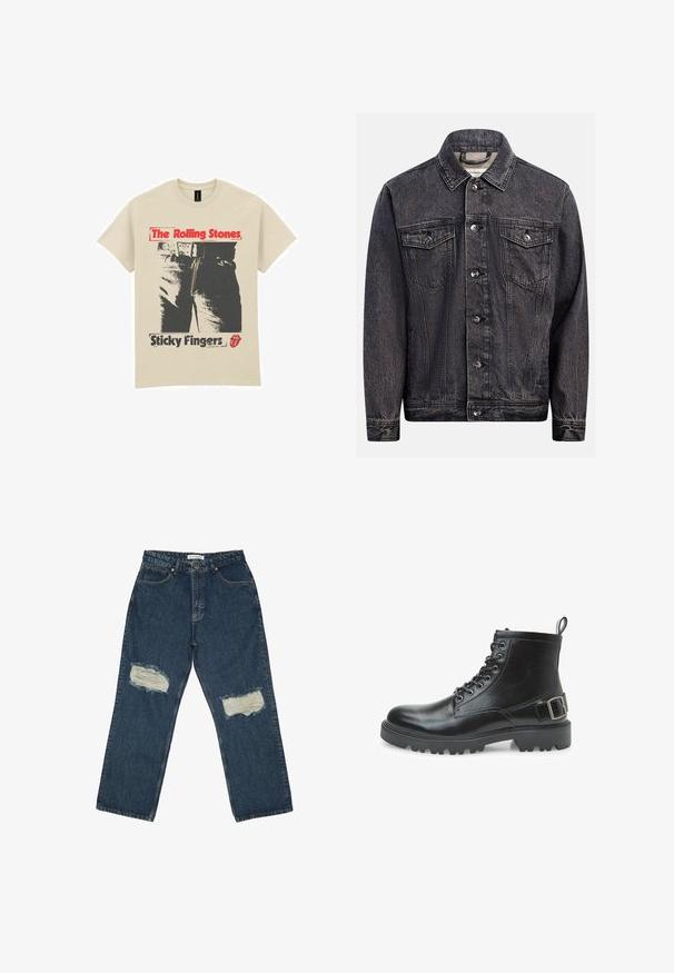 Dunkel gewaschene schwarze Jeansjacke mit Knopfleiste vorne, zwei Brustklappentaschen mit Knöpfen und klassischem Kragen.; Beige Baumwoll-T-Shirt mit einem grafischen Design von Jeans und einem Reißverschluss. Der Text lautet "The Rolling Stones" in Rot und "Sticky Fingers" in Schwarz.; Blaue Denim-Jeans mit lockerer Passform, ausgestattet mit zwei abgewetzten Knie-Patches und einem klassischen Fünf-Taschen-Design mit kontrastierenden Nähten.; Schwarzer Lederkampfstiefel mit Schnürsenkeln, Metallösen, robustem Sohlen, einer Schlaufe am Absatz und einem dekorativen Schnallenriemen an der Seite.