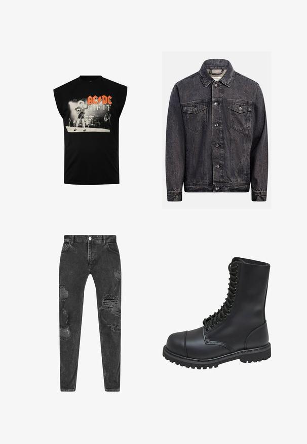 Dunkel gewaschene schwarze Jeansjacke mit Knopfleiste vorne, zwei Brustklappentaschen mit Knöpfen und klassischem Kragen.; Schwarzes ärmelloses T-Shirt mit einem grafischen Druck eines Musikers mit einer Gitarre und dem Text "AC/DC FIFTY" in Rot und Weiß. Aus Baumwolle.; Schwarze Jeans aus Denim mit abgewetzten Details und mehreren Rissen. Schmale Passform mit fünf Taschen und einem Knopfverschluss.; Schwarze Lederkampfstiefel mit hohem Schaft, Schnürung an der Vorderseite, gepolstertem Kragen und rutschfester, strukturierter Sohle für guten Halt. Mit verstärkter Zehenkappe.