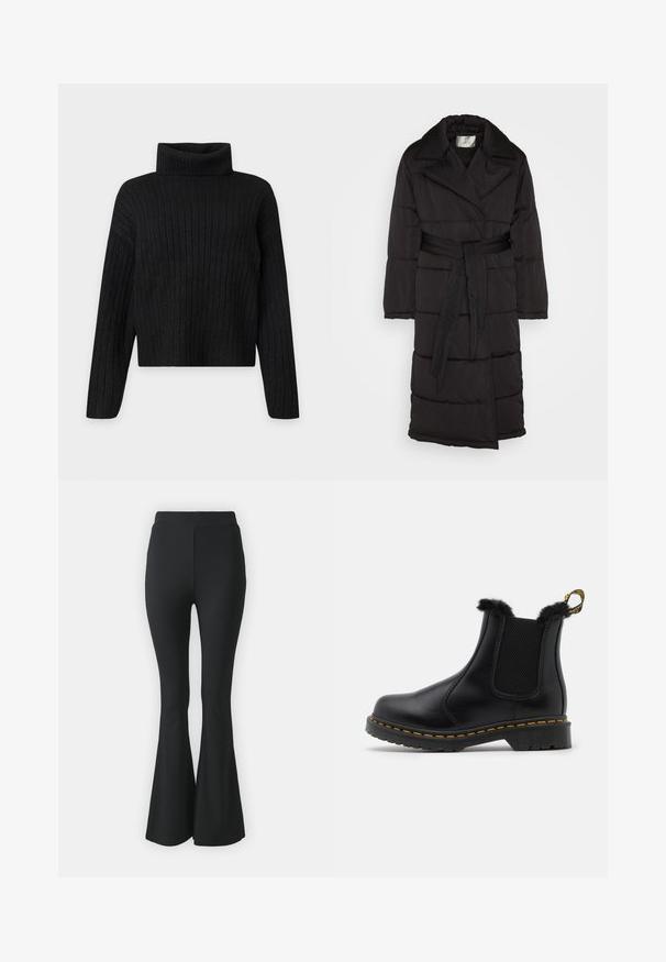 Manteau noir matelassé avec taille ceinturée, grand col et panneaux matelassés horizontaux. Fabriqué en tissu lisse, avec des manches longues.; Pull à col roulé en tricot côtelé noir avec manches longues et coupe légèrement raccourcie sur un fond clair uni.; Pantalons noirs évasés en tissu extensible. Présentent une taille haute et un design lisse et ajusté qui s'évase à partir du genou.; Bottes noires en cuir montantes avec des panneaux élastiques texturés sur les côtés, un bord en fourrure en haut, des coutures jaunes et une semelle en caoutchouc robuste.