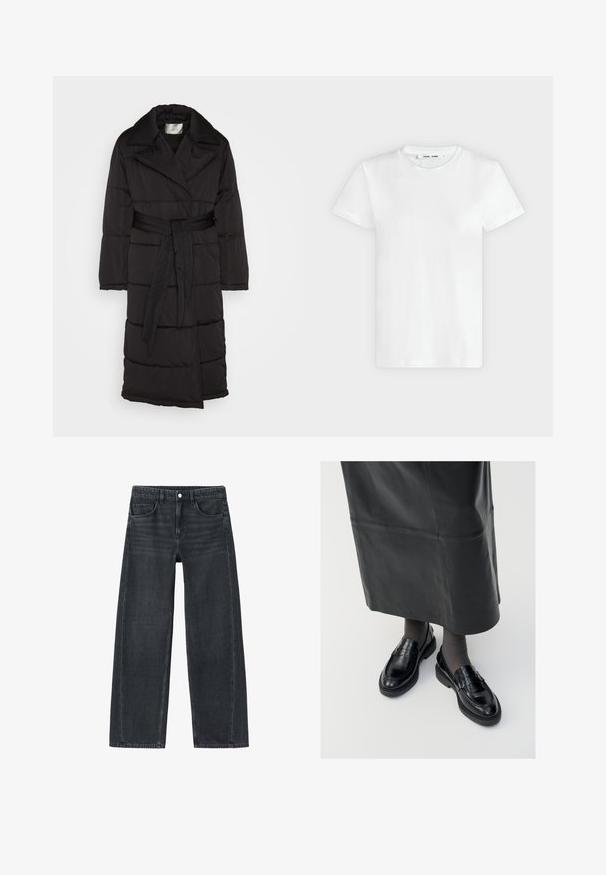 Schwarzer, gepolsterter Mantel mit tailliertem Gürtel, großem Kragen und horizontalen Steppnähten. Hergestellt aus glattem Stoff, mit langen Ärmeln.; Ein schlichtes weißes T-Shirt mit kurzen Ärmeln und Rundhalsausschnitt liegt flach auf einem hellgrauen Hintergrund, zeigt die Vorderseite mit einem Etikett im Halsausschnitt.; Weite Jeans aus dunkelgrauem Denim. Mit Fronttaschen und klassischem Fünf-Taschen-Design. Mit Knopfverschluss und dezenten Ausbleichdetails.; Schwarze Lederloafers mit glatter Oberfläche, verziert mit einem dekorativen Riemen, runder Zehenpartie und texturierten Sohlen. Getragen mit einem langen schwarzen Lederrock.