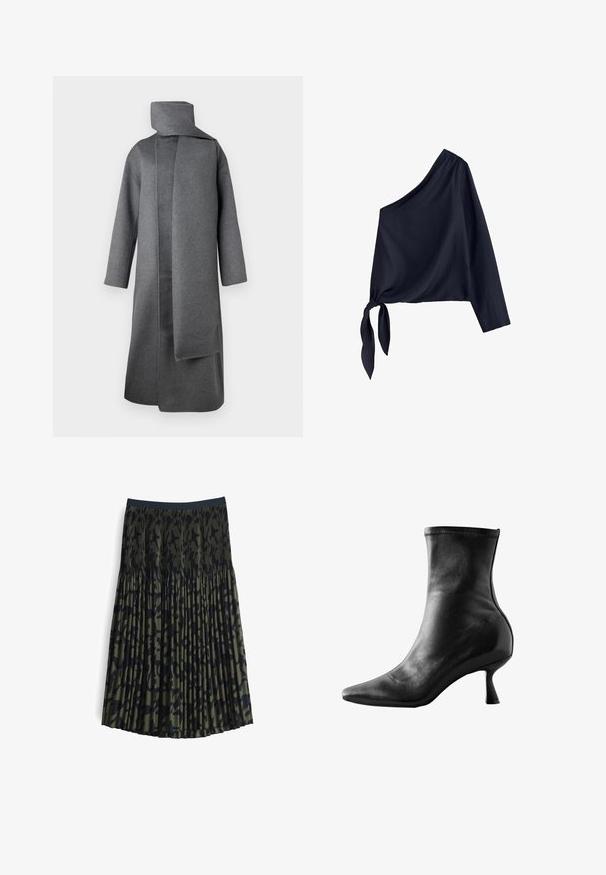 Grauer langer Mantel aus einem weichen, strukturierten Stoff; hat einen hohen Kragen, geraden Schnitt und angehängten Schal. Keine sichtbaren Verschlüsse.; Marineblaue Ein-Schulter-Bluse mit langem Ärmel und gebundener Knotendetail an einem Saum.; Faltenrock in Dunkelgrün mit schwarzem Leopardenmuster. Elastischer Bund, leichtem Stoff und fließendem Design. Ausgestellte Silhouette.; Schwarze Lederstiefelette mit spitz zulaufender Spitze, tailliertem Design und einem niedrigen, ausgestellten Absatz, verfügt über eine glatte Textur und minimale Nähte.