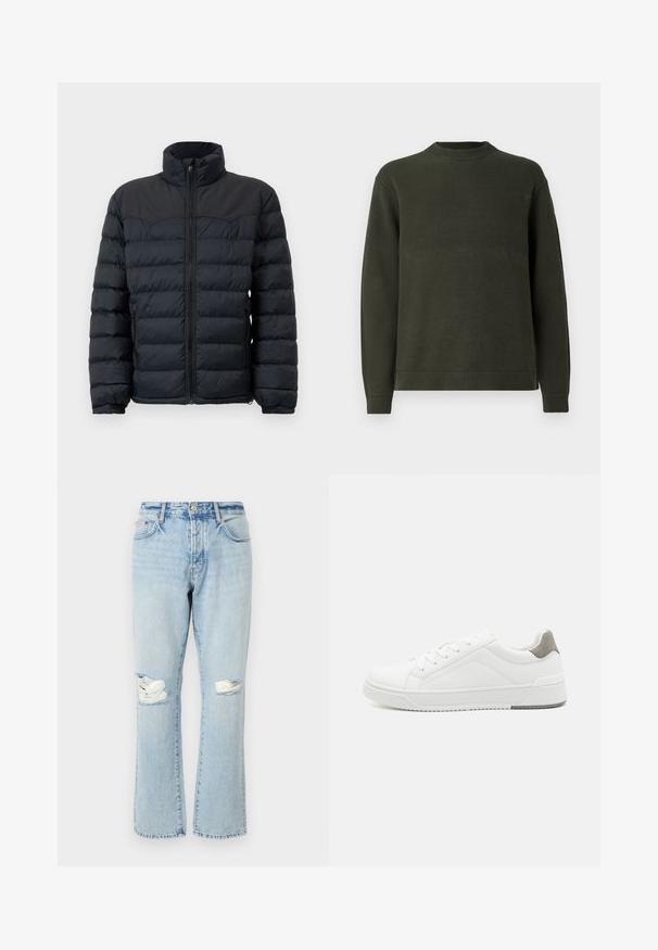 Sort pufferjakke med høj krave, vandret syninger, lynlås foran og elastiske manchetter. Glat, isoleret stofdesign.; Mørkegrøn strikket sweater med lange ærmer, ribbet rund hals, manchetter og kant, præsenteret på en lys hvid baggrund.; Lyseblå slidte jeans med huller ved knæene, lige ben, fem lommer og denimstof med en falmet tekstur.; Hvid sneaker lavet af glat læder, rund tå, minimalistisk design, grå hælafsats og tekstureret gummisål.