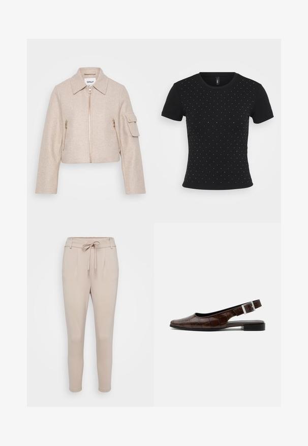 Beige cropped jack met een kraag, voorkant met ritssluiting en twee ritssluitingzakken. De stof heeft een zachte textuur en heeft gouden hardware-accenten.; Zwarte kortek mouw t-shirt van ribbelstof, met verspreide rhinestone accenten over de voorkant voor extra detail.; Beige broek gemaakt van zachte stof, met een tailleband met trekkoord, voorkleurplooien en taps toelopende pijpen. Glad textuur zonder zichtbare patronen.; Donkerbruine leren slingback platte schoen met een vierkante neus, krokodillenstructuur en zilveren gesp op de band.