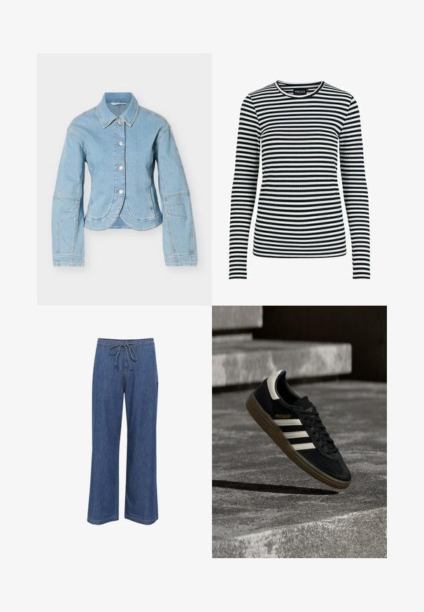Lyseblå denimjakke med lange ærmer, sølvfarvede knapper foran og buede kantdetaljer på hvid baggrund.; Pieces PCLAYA TOP - Striktrøje - black; Denim bukser med bred ben og snoreliv, i en mellemblå farve, lige pasform og diskrete sømdetaljer.; Sort Adidas-sneaker med hvide striber og gummisåler, svævende over grå betontrapper i naturligt lys.