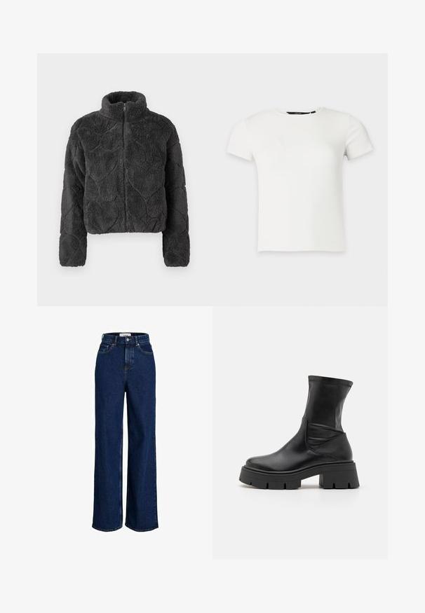 Schwarze, flauschige Zip-Jacke mit hohem Kragen und gesteppten Herzmustern auf der Vorderseite und den Ärmeln.; Weißes kurzärmeliges, geripptes Strick-T-Shirt mit Rundhalsausschnitt, dargestellt vor einem schlichten hellgrauen Hintergrund.; Dunkelblaue, hoch taillierte Jeans mit weitem Bein, vorderen Taschen, Gürtelschlaufen, Knopfverschluss und sichtbaren Nahtdetails.; RAID NOELIA - Plateaustiefelette - black