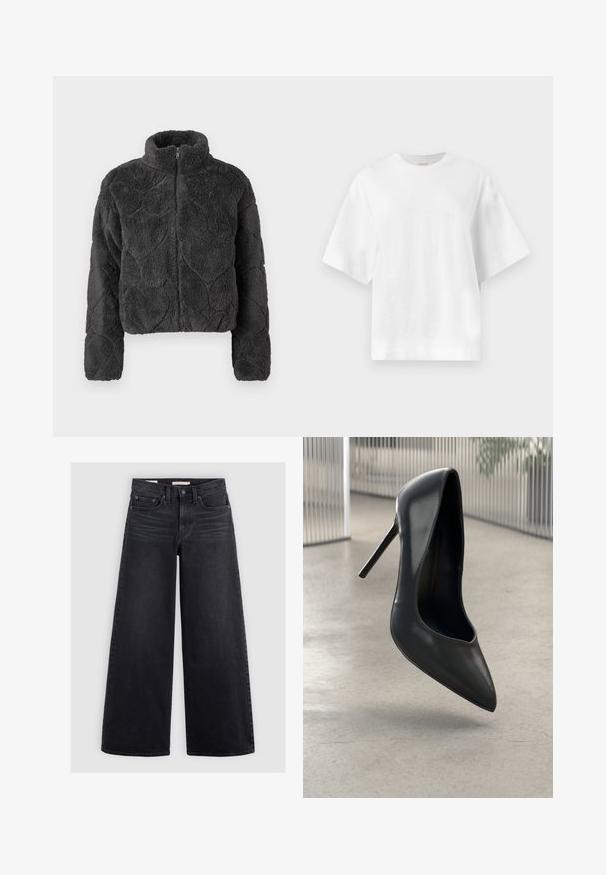 Schwarze, flauschige Zip-Jacke mit hohem Kragen und gesteppten Herzmustern auf der Vorderseite und den Ärmeln.; Schlichtes weißes oversized T-Shirt mit kurzen Ärmeln und rundem Ausschnitt, flach auf einem hellgrauen Hintergrund dargestellt.; Schwarze Jeans mit weitem Bein aus Denim, mit hoher Taille, fünf Taschen und dezenten Verwaschungen an der Vorderseite.; Schwarzer Leder-Pump mit hochhackigem Absatz und spitz zulaufender Zehenpartie, elegantes Design ohne sichtbare Beschläge. Glatte Textur und minimalistischer Stil.