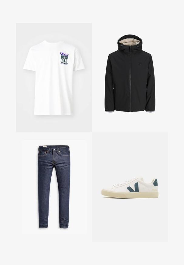 Sort isoleret jakke med en fluffy cream-farvet foring, justerbar hætte, frontlynlås og sidelommer. Har elastiske manchetter med stribede detaljer.; Hvid bomulds t-shirt med et grafisk print i lilla, der viser en siddende figur med teksten "Obey" og "Stop Worry Now!" i sort.; Mørkeblå slim-fit Levi's Performance jeans med fem lommer og synlig syning på hvid baggrund.; Hvide lædersneakers med et teal suede-logo, rund tå, snørebåndsdesign og gummisål med struktureret detaljering. Mærkenavnet "VEJA" i guld.