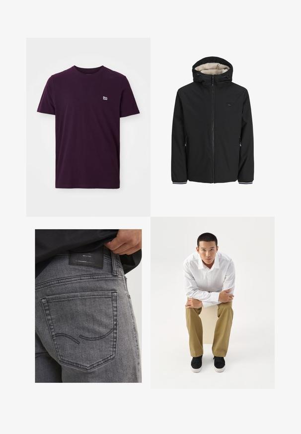 Veste noire isolée avec une doublure en crème douce, capuche ajustable, fermeture éclair à l'avant et poches latérales. Dispose de poignets élastiques avec des accents rayés.; T-shirt en coton violet foncé avec des manches courtes, col rond et petit logo blanc sur la poitrine gauche. Texture douce et lisse.; Jeans en denim gris avec une poche arrière ornée de coutures courbes et une patch en cuir noir affichant les informations de la marque et les détails de fabrication.; Jeune homme en chemise blanche rayée et pantalon kaki assis penché en avant sur un tabouret, bras croisés, regardant droit devant sur un fond blanc.