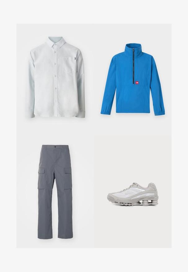 Modrý pulóverový kabát s vysokým golierom, polozipsom a elastickými manžetami. Má predné vrecko a červenú nášivku s logom. Ľahká tkanina.; New Balance OXFORD - Košeľa - blue; Šedé cargo nohavice vyrobené z odolnej tkaniny. Medzi vlastnosti patrí elastický pás, dve veľké bočné vrecká a strih s rovnými nohavicami.; Šedá a biela športová teniska s viditeľnou podrážkou s vzduchovou vložkou a sieťovinovými panelmi, zobrazená v profile na jednoduchom svetlom pozadí.