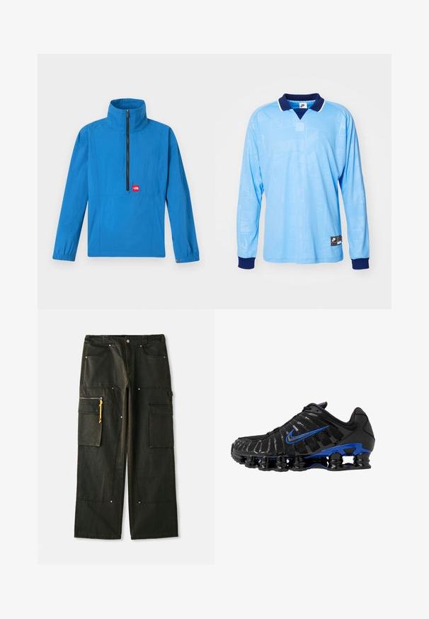 Blauer Pullover mit hohem Kragen, Halbreißverschluss und elastischen Bündchen. Mit einer Fronttasche und einem roten Logopatch. Leichtes Gewebe.; Hellblauses Langarm-Polohemd mit marineblauem Kragen und Bündchen, das ein dezentes Allover-Muster und Nike-Logoprint am unteren Saum aufweist.; Schwarze Cargo-Shorts mit entspannter Passform, die über mehrere Taschen, gelbe Reißverschlussanhänger und einen strukturierten Stoff mit verblaßtem Finish verfügen.; Schwarzer Sportschuh mit Obermaterial aus Mesh und glänzenden Akzenten. Verfügt über einen blauen Swoosh, einen gepolsterten Kragen und eine auffällige schwarze Gummisohle mit sichtbarem Dämpfungselement.