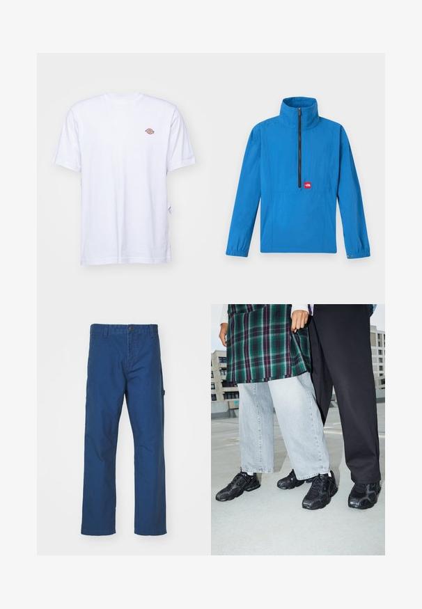 Veste à enfiler bleue avec col montant, demi-fermeture éclair et poignets élastiques. Comprend une poche avant et un patch logo rouge. Tissu léger.; T-shirt en coton blanc avec un col en V et des manches courtes. Présente un petit logo coloré brodé sur la poitrine gauche. Texture douce.; Pantalon en toile de coton bleu avec une coupe droite, doté d'une fermeture à bouton et de poches latérales. Texture lisse, sans motifs ou accents visibles.; Baskets de sport noires avec des accents en mesh et en caoutchouc. Portées avec un jean large gris clair et un haut à carreaux vert. Fond à surface plane.