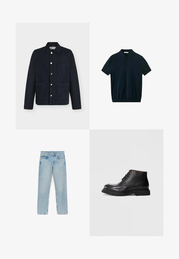 Schwarze Jacke mit Kragen, Knopfleiste vorne und drei großen Taschen, flach auf weißem Hintergrund dargestellt.; Schwarzes Poloshirt mit kurzen Ärmeln, drei Knöpfen und Kragen, flach auf weißem Hintergrund dargestellt.; Hellblaue Jeans mit geradem Bein, Frontknopf und Reißverschluss, Gürtelschlaufen, zwei Vordertaschen und einer kleinen Münztasche vor weißem Hintergrund.; Schwarze Leder-Stiefelette mit Schnürverschluss, runder Spitze und dicker Gummisohle vor einem schlichten weißen Hintergrund.