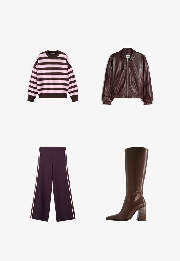 Veste en cuir bordeaux avec fermeture éclair à l'avant, col classique, poignets élastiques et poches latérales. Caractérisée par une texture lisse et une coupe décontractée.; Pull à manches longues avec col rond, rayures horizontales marron et rose clair, poignets et ourlet côtelés.; Pantalon large couleur violet foncé avec taille élastique côtelée et bandes latérales en bordeaux et blanc, équipé de poches avant.; Botte en cuir marron montant jusqu'au genou, avec bout pointu et talon épais de hauteur moyenne, vue de profil sur fond blanc.
