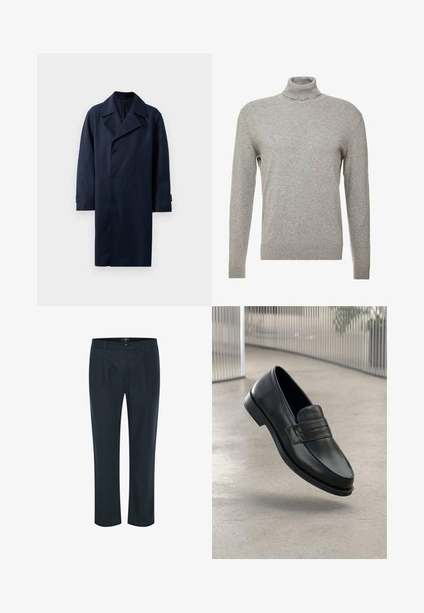 Námornícky trenčkot s dvojradovým zapínaním, širokými klopami, piatimi gombíkmi a dlhými rukávmi. Vyrobený z hladkej a odolnej látky.; Sivý pulóver s vysokým golierom a dlhými rukávmi. Vyrobený z hladkého, mäkkého materiálu s priliehavým strihom a rebrovanými akcentmi na leme.; Námornícke modré nohavice s rovný strihom, zapínaním na gombík, prednými záhybmi a dvoma bočnými vreckami; vyrobené z hladkej, ľahkej tkaniny.; Čierna kožená mokasína s hladkou textúrou, špicatou špičkou a ozdobným remienkom cez priehlavok. Ľahká podrážka, minimalistický dizajn.
