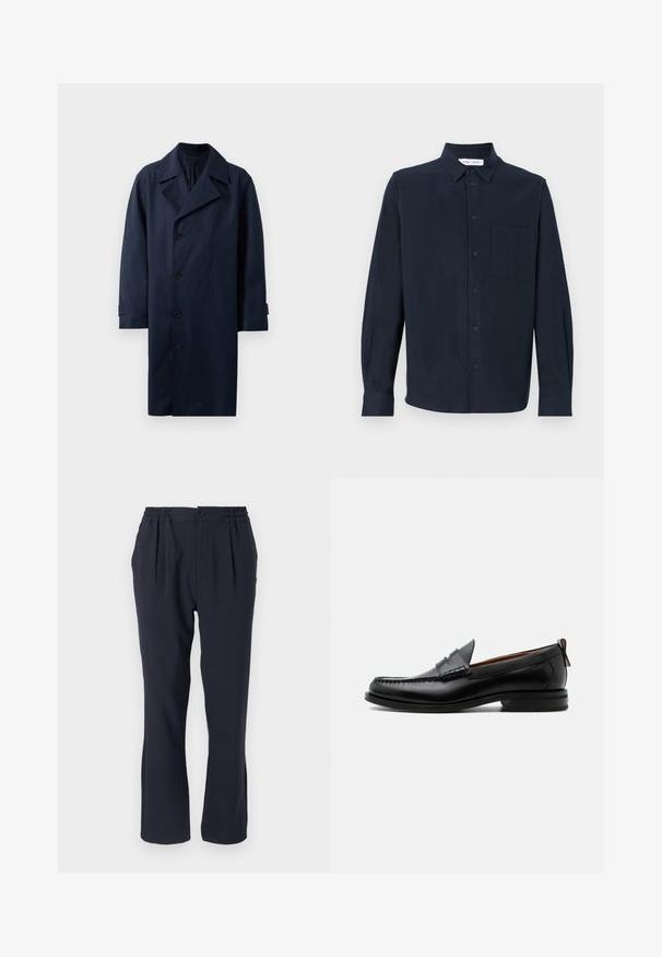 Manteau de marine avec un design à double boutonnage, larges revers, cinq boutons et manches longues. Fabriqué en tissu lisse et durable.; Chemise à manches longues bleu marine en tissu doux, avec un devant boutonné, un col pointu et une poche poitrine simple.; Pantalons bleu marine en tissu doux avec une taille élastique, présentant des plis sur le devant et un design à jambes droites.; Mocassin homme en cuir noir avec couture moc toe, bride penny, col texturé et petit talon empilé sur fond blanc.