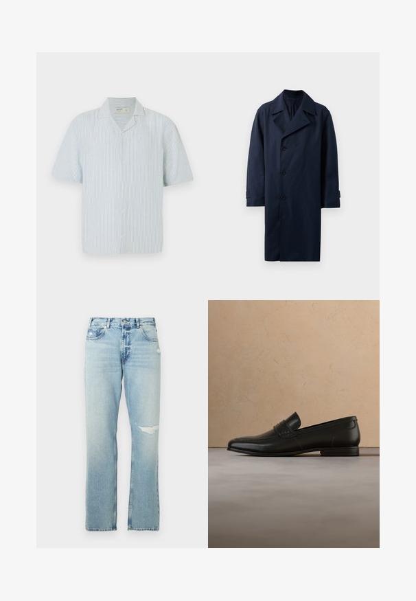 Marineblauwe trenchcoat met een dubbelgebreid ontwerp, brede revers, vijf knopen en lange mouwen. Gemaakt van een soepele, duurzame stof.; Korte mouw blouse met knopen in lichtblauw en witte strepen. Beschikt over een klassieke kraag en een losse pasvorm in een lichtgewicht stof.; Lichtblauwe denim jeans met een recht model, voorzien van lichte beschadigingen en een hoge taille. Inclusief vijf zakken en metalen hardware.; Zwarte leren loafer schoenen zwevend in de lucht boven een beige tapijt met een beige bank op de achtergrond.