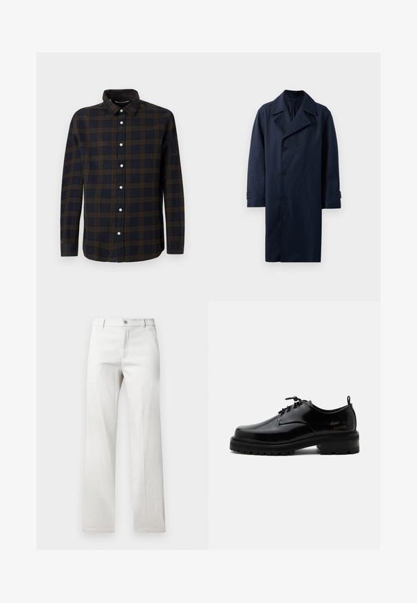 Manteau de marine avec un design à double boutonnage, larges revers, cinq boutons et manches longues. Fabriqué en tissu lisse et durable.; Chemise à manches longues bleu foncé avec une texture à carreaux marron. Fabriquée en tissu doux, elle présente un devant à boutons et un col classique.; Pantalon gris clair avec une coupe droite, fabriqué dans un tissu lisse, doté d'une fermeture à bouton à l'avant et de poches latérales.; Chaussure en cuir noir poli à lacets, semelle en caoutchouc épaisse et talon bas, texte de marque "SAMSOE" sur le côté et languette arrière.