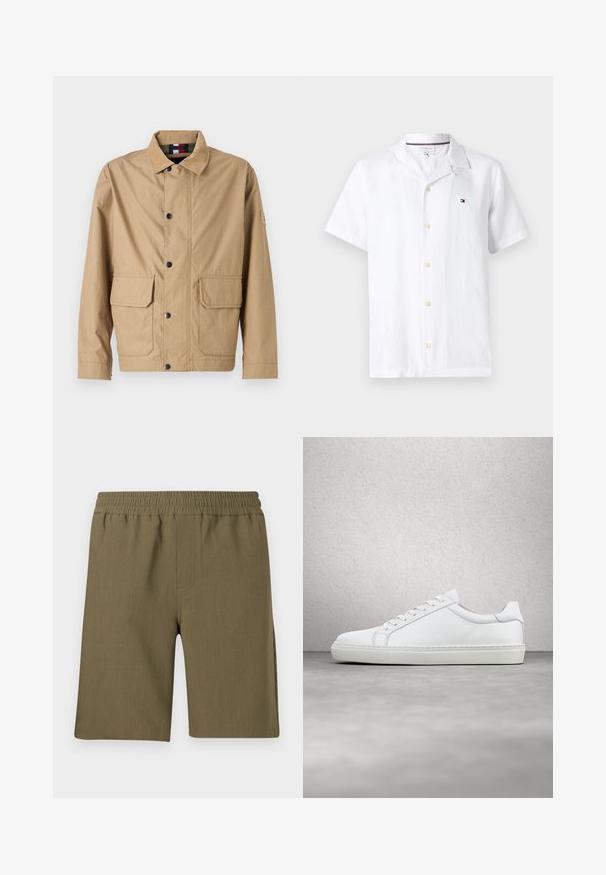 Veste beige en tissu durable, avec une fermeture par boutons, deux poches avant et un col montant avec un détail de logo sur la manche.; Chemise blanche à manches courtes avec col campagnard et petit logo Tommy Hilfiger sur le côté gauche de la poitrine.; Samsøe Samsøe SMITH - Short - four leaf clover; Sneaker blanche avec une tige en cuir lisse et un profil bas. Présente un bout arrondi, six œillets et une semelle en caoutchouc texturé.