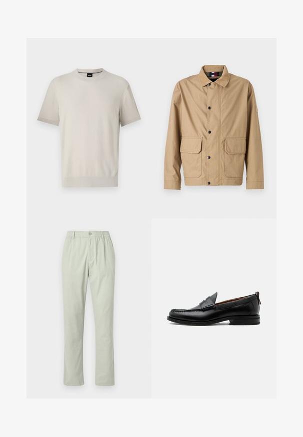 Veste beige en tissu durable, avec une fermeture par boutons, deux poches avant et un col montant avec un détail de logo sur la manche.; T-shirt à col rond à manches courtes en tissu texturé beige clair. Caractérisé par un col et des poignets côtelés avec une bordure contrastante subtile.; Pantalons droits vert clair en tissu doux. Dotés d'une fermeture à bouton devant, d'une taille élastique et de poches latérales. Sans motifs visibles.; Mocassin homme en cuir noir avec couture moc toe, bride penny, col texturé et petit talon empilé sur fond blanc.