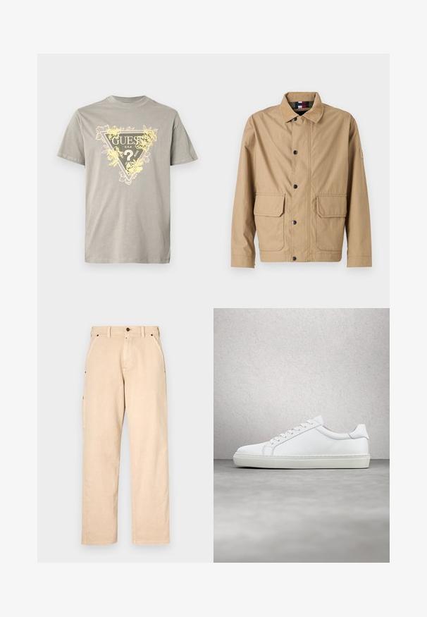 Veste beige en tissu durable, avec une fermeture par boutons, deux poches avant et un col montant avec un détail de logo sur la manche.; T-shirt en coton gris avec un motif triangulaire "GUESS" et des accents floraux jaunes. Col rond, manches courtes, coupe standard.; Pantalon en coton beige avec une coupe droite, doté de poches latérales, de passants de ceinture et d'une fermeture à bouton à l'avant. Texture lisse, design minimaliste.; Sneaker blanche avec une tige en cuir lisse et un profil bas. Présente un bout arrondi, six œillets et une semelle en caoutchouc texturé.