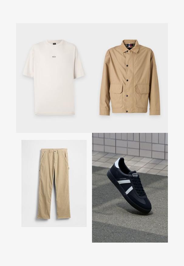 Tan jakke lavet af holdbart stof, med knaplukning, to frontlommer og en standkrave med logo-detalje på ærmet.; Oakley RISE TEE - T-shirts basic - mist; Beige kordfløjlsbukser med lige ben, forlommer og knaplukning. Har en sidelomme og tekstureret stof.; Sort lædersneaker med hvide striber, tekstureret gummisål og snørrebånd foran. Har et brandet mærke på tungen.