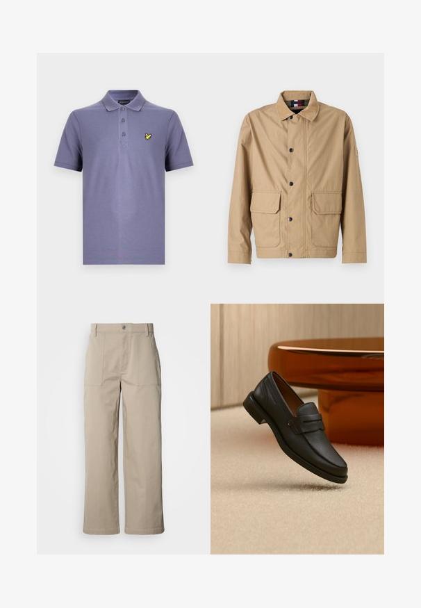 Beige jasje van duurzaam materiaal, met een knoopsluiting, twee zijzakken en een staande kraag met logo-detail op de mouw.; Paarse poloshirt met een knoopsluiting met drie knopen, korte mouwen en een klein geel vogel-logo op de linkerborst. Gemaakt van een katoenblend.; Beige wijde broek van katoen; voorzien van voorzakken met klep, een knoopsluiting en zichtbare stiknaden langs de zoom.; Zwarte leren herensloffen met een band over de bovenkant, getoond op een beige tapijt vlakbij een bruine moderne ronde tafel.