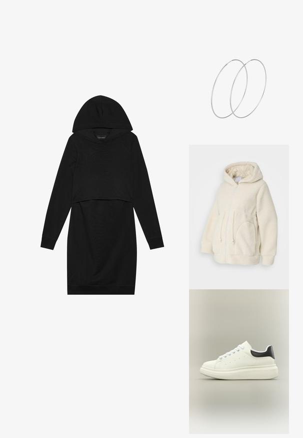 MAMALICIOUS MLRACHEL 3IN1 JACKET - Fliisjakk - birch; Must mustriga kleit, millel on kapuuts, pikad varrukad ja lühendatud disain. Valmistatud pehmest kangast, millel on sile tekstuur ja soonikkoes mansetid.; Valge madala säärega toss paksu tallaga, ees nööritav ja musta kandklambriga neutraalsel taustal.; Hõbedased rõngastikkaehingad minimalistlikus disainis. Ümar kuju, sile tekstuur ja õhuke profiil. Kerged ning poleeritud viimistlusega.