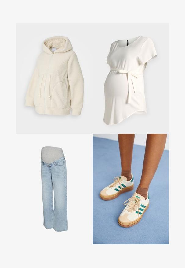 MAMALICIOUS MLRACHEL 3IN1 JACKET - Fleecejacke - birch; Cremefarbener Umstandstop mit kurzen Ärmeln, rundem Ausschnitt und Stoffgürtel unter der Brust, gezeigt auf einfachem Hintergrund.; Hellblaue Jeans mit einem grauen dehnbaren Bund, weitem Bein und klassischer Fünf-Taschen-Optik. Glatte Textur mit ausgeblichenem Waschung.; Beige Sneakers mit dunkelgrünen Streifen, Gummisohle, Obermaterial aus Wildleder und Textil sowie neutralen Hardwareteilen, kombiniert mit braunen Socken auf einer hellblauen Oberfläche.