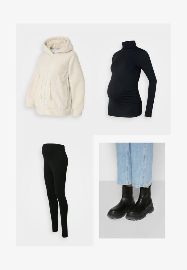 MAMALICIOUS MLRACHEL 3IN1 JACKET - Fleecejakke - birch; Sort langærmet turtleneck top i strækbart stof, designet til at rumme en gravid mave, med detaljeret side ruching.; Sorte graviditetsleggings med en høj, støttende talje, glat tekstur, tætsiddende design og ingen synlige mønstre eller udsmykninger.; Sorte læder ankelstøvler med elastiske sidepaneler, en tekstureret overflade og robuste grå gummisåler. Sammen med lyseblå cropped jeans.