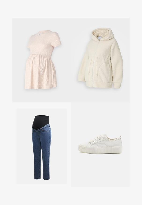 MAMALICIOUS MLRACHEL 3IN1 JACKET - Flísová bunda - birch; Svetlobeige tehotenské šaty s krátkym rukávom, okrúhlym výstrihom, ribovanou textúrou a A-líniovou siluetou, ktorá sa rozširuje od pásu.; Tehotenské jeansy s modrými denimovými nohavicami a čiernym elastickým brušným panelom navrhnuté na podporu a pokrytie rastúceho brucha.; Biele plátené tenisky s textúrovanou gumovou podrážkou, zaoblenou špičkou a šnurovací konštrukciou s tromi bočnými pruhmi.