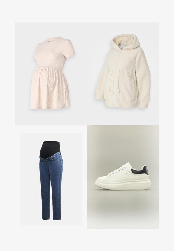 MAMALICIOUS MLRACHEL 3IN1 JACKET - Fleecejacke - birch; Hellbeige schulterfreies Schwangerschafts-Kleid mit rundem Halsausschnitt, geripptem Material und einer A-Linie, die sanft von der Taille abwärts fließt.; Schwangerschaftsjeans mit blauen Denimbeinen und einem schwarzen elastischen Bauchpanel, das dazu entworfen wurde, den wachsenden Bauch zu stützen und zu bedecken.; Weißer Low-Top-Sneaker mit dicker Sohle, vorderer Schnürung und schwarzer Fersenschlaufe auf neutralem Hintergrund.