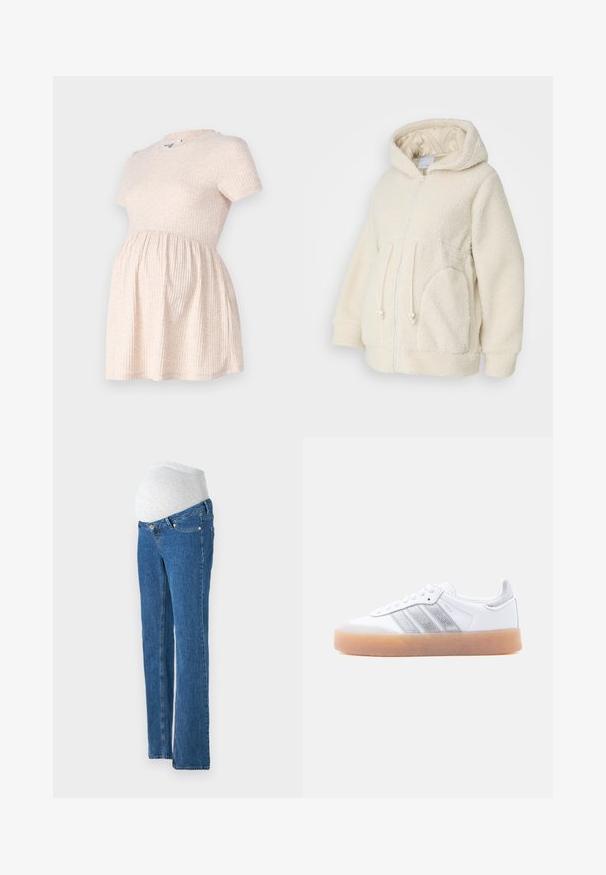 MAMALICIOUS MLRACHEL 3IN1 JACKET - Fleecejacke - birch; Hellbeige schulterfreies Schwangerschafts-Kleid mit rundem Halsausschnitt, geripptem Material und einer A-Linie, die sanft von der Taille abwärts fließt.; Vero Moda Maternity Straight fit maternity - Jeans Straight Leg - medium blue denim; Weißer Sneaker in niedrigem Schnitt mit brauner Sohle, seitlichen silbernen Streifenakzenten und Schnürverschluss, dargestellt vor hellem einfarbigem Hintergrund.