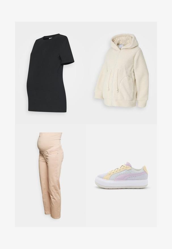 MAMALICIOUS MLRACHEL 3IN1 JACKET - Forro polar - birch; Camiseta de maternidad negra hecha de algodón suave. Mangas cortas, cuello redondo y un diseño ajustado para acomodar una barriga en crecimiento.; Esprit Maternity PANTS DENIM OVER THE BELLY STRAIGHT 7/8 - Vaqueros rectos - blush; Puma SUEDE MAYU RATE - Zapatillas - ice flow/white/nimbus cloud