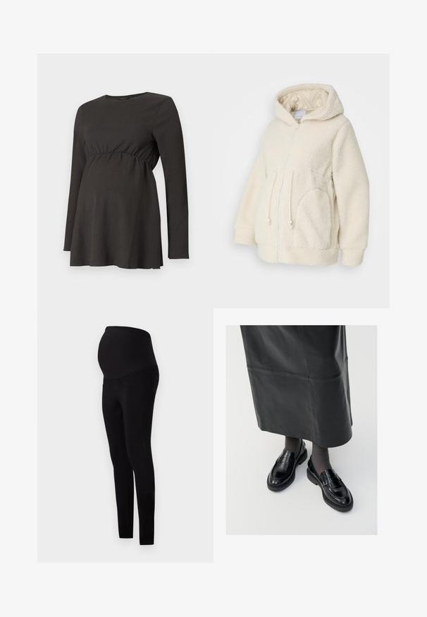 MAMALICIOUS MLRACHEL 3IN1 JACKET - Forro polar - birch; Túnica de maternidad negra de manga larga con cintura fruncida y ligera apertura debajo del busto, hecha de una tela texturizada.; Leggings de maternidad negros con una cintura alta y ajustada y bolsillos, hechos de una tela elástica y suave para mayor comodidad y soporte.; Mocasines de cuero negro con un acabado suave, que presentan una tira decorativa, puntera redonda y suela texturizada. Llevados con una falda larga de cuero negro.