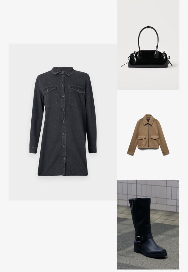 Braune Jacke aus Wollmischung mit Reißverschluss, spitzem Kragen und zwei großen Vorder taschen. Verkürztes Design mit glatter Textur.; Dunkelblaues Jeanshemdkleid mit langen Ärmeln, einem kragenlosen Hals und zwei Brusttaschen. Verfügt über eine vordere Knopfleiste und einen geraden Schnitt.; Schwarzer Lederstiefel bis zur Mitte der Wade mit niedrigem Blockabsatz und dekorativem Riemen mit Metallschnalle um den Knöchel, auf einem gefliesten Gehweg.; Kleine schwarze glänzende Handtasche mit zwei langen Griffen und seitlichen Kordelzug-Details vor einfachem hellem Hintergrund.