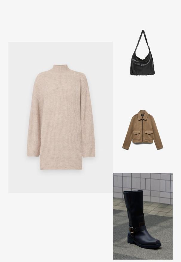 Brun jakke i uldblanding med lynlåslukning, spids krave og to store forlommer. Krydret design med glat tekstur.; Beige højhalset sweater med faldende skuldre, lavet af ribbet strikmateriale. Løs pasform med lange ærmer og en blød tekstur.; Sort midt på læggen læderstøvle med lav hæl og dekorativ rem med metalspænde, stående på en grå belagt overflade nær en flisevæg.; Pepe Jeans Håndtasker - black