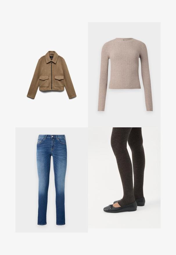 Bruine jas van een wolmix met ritssluiting, puntkraag en twee grote voorzakken. Verkort model met een gladde textuur.; Beige geribbelde langwerpige trui met een ronde halslijn en een getailleerd silhouet, gepresenteerd op een effen witte achtergrond.; Blauwe denim jeans met een slim fit, een middelhoge taille, vijf zakken en een lichte vervaging van bovenbeen tot zoom.; Benen met donkere geribbelde leggings gecombineerd met zwarte ballerina's met kleine strikdetails op een witte achtergrond.