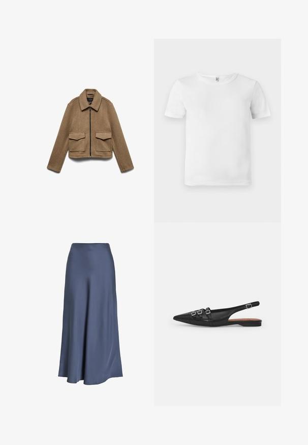 Brun jakke i uldblanding med lynlåslukning, spids krave og to store forlommer. Krydret design med glat tekstur.; Hvid kortærmet t-shirt med ribbet tekstur. Klassisk crew neckline, ingen synlige logoer eller mønstre, og et simpelt, rent design.; Satin A-linje nederdel i dyb blå. Glat tekstur, gulvlængde, med en tætsiddende talje og udstyret kant. Ingen synlige mønstre eller hardware.; Sort læderslyngeflad sko med spids tå, der har to vandrette stropper og firkantede sølvspænder, lav hæl og glat tekstur.