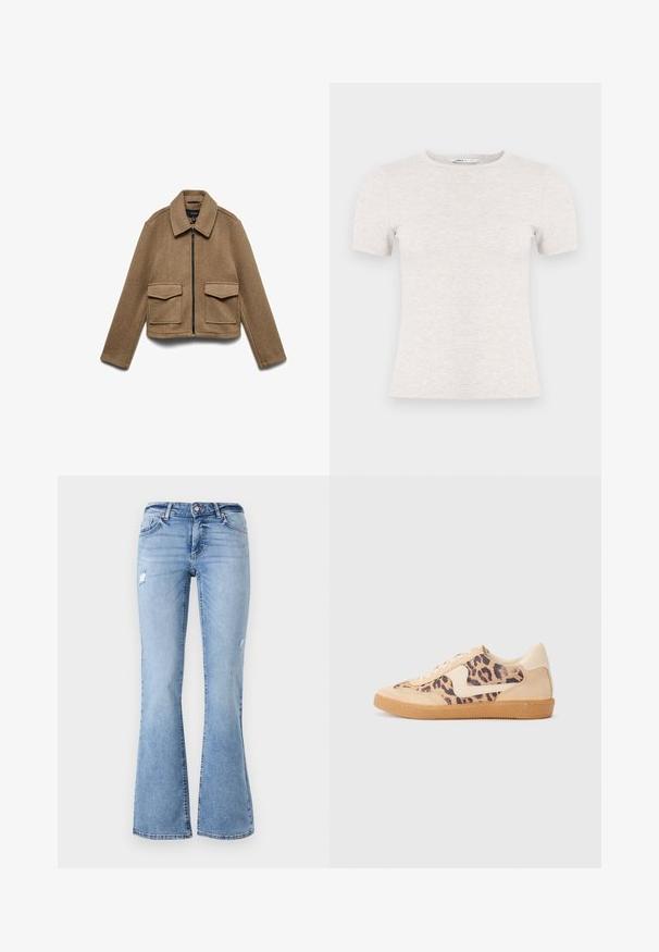 Veste marron en mélange de laine avec fermeture zippée, col pointu et deux grandes poches avant. Design court avec une texture lisse.; T-shirt gris clair à manches courtes en tissu côtelé avec un col rond. Design simple, texture lisse, sans motifs ni accents visibles.; Jeans en denim bleu clair évasés avec un design usé, présentant une fermeture à bouton à l'avant, des passants de ceinture et plusieurs poches.; Baskets en imprimé léopard avec tige en suède beige, semelle en caoutchouc tan et accents blancs. Bout rond et design à lacets avec une finition texturée.