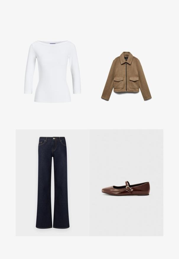 Brun jakke i uldblanding med lynlåslukning, spids krave og to store forlommer. Krydret design med glat tekstur.; Hvid, ribbet langærmet top med bådudskæring. Stoffet er glat, tætsiddende og har en ren afslutning ved manchetterne og kanten.; Mørkeblå vidde denimjeans med forlommer, knap- og lynlåslukning samt synlige kontrastsyninger.; Brun patentlæder balletflade med firkantet tå og strop med en lille guldbuckle. Glat tekstur, lav hæl og minimalistisk design.