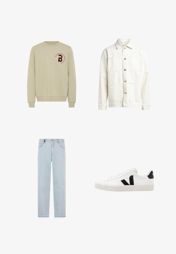 Hvid denimjakke med krave, frontlukning med knapper og to store brystlommer. Har synlige syninger og knapper i rosaguld.; Beige sweatshirt med rund halsudskæring, lange ærmer og ribbede manchetter. Har et bordureret marsal- rødt bogstav 'B' og en cirkulær tekstdetalje.; Lyseblå denimjeans med lige ben, frynset kant, femlomme-design og et subtilt vaskemønster. Har en knaplukning.; Hvide lædersneakers med sorte ruskindsdetaljer; har en gummisål, rund tå og klassisk snørebåndsdesign. Side logo i sort.
