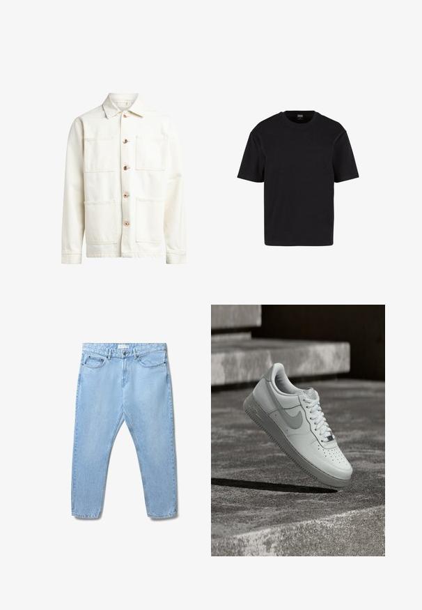 Weiße Jeansjacke mit Kragen, vorderem Knopfverschluss und zwei großen Brusttaschen. Verfügt über sichtbare Nähte und roségoldene Knöpfe.; Schwarzes T-Shirt mit kurzen Ärmeln aus weichem Baumwollstoff. Klassischer Rundhalsausschnitt und entspannte Passform, ohne sichtbare Muster oder Hardware-Details.; Helleblaue Jeans aus Denim mit geradem Schnitt, Fünf-Taschen-Design und Einzelknopfverschluss; weist dezente Abnutzungsspuren und eine strukturierte Oberfläche auf.; Weißer Nike Air Force 1 Sneaker, der über einer strukturierten Betonoberfläche schwebt, mit Steinstufen im Hintergrund.