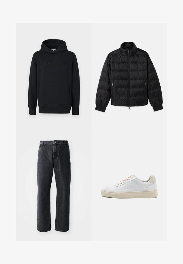 Zwarte gewatteerde jas met hoge kraag, voorrits, ritszakken aan de zijkanten en elastische manchetten op een witte achtergrond.; Zwarte hoodie, zachte stof, pullover ontwerp, voorzak in kangoeroestijl, reliëf 'QUARTZ CO' logo op de borst, ribgebreide manchetten en onderkant.; Zwarte denim jeans met een rechte pijp, voorzien van een knoopsluiting, vijf zakken en een subtiele textuur. Klassiek ontwerp zonder opvallende patronen.; Witte sneaker met een gevoerd leren bovenwerk, beige veters en een gestructureerde beige suede hieltab. Verhoogde zool voor extra hoogte.