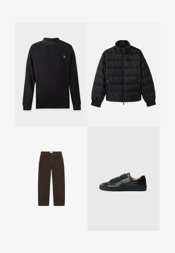 Veste matelassée noire avec col haut, fermeture éclair à l'avant, poches latérales zippées et poignets élastiques sur fond blanc.; Polo noir à manches longues avec deux boutons et un petit logo zèbre multicolore brodé sur le côté gauche de la poitrine.; Jean droit marron foncé avec poches avant, passants de ceinture, fermeture par bouton et détail d'une boucle latérale sur fond blanc.; Baskets en cuir noir avec une texture lisse, bout rond et fermeture à lacets. Comprend une semelle en caoutchouc épaisse et un minimum de détails de marque.